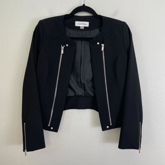 Calvin Klein Womens 6 Petite Black Open Front Long Sleeve Blazer Jacket - Picture 8 of 11